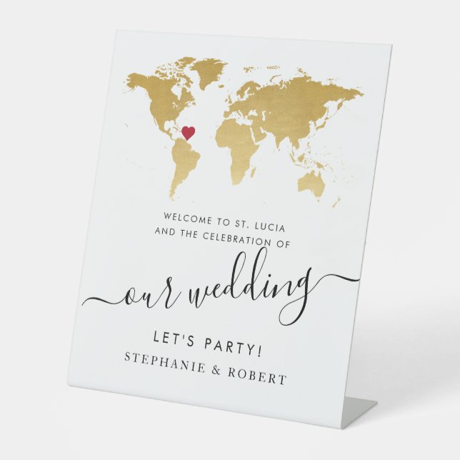 Destination Wedding World Map Gold Welcome  Pedestal Sign (Front)