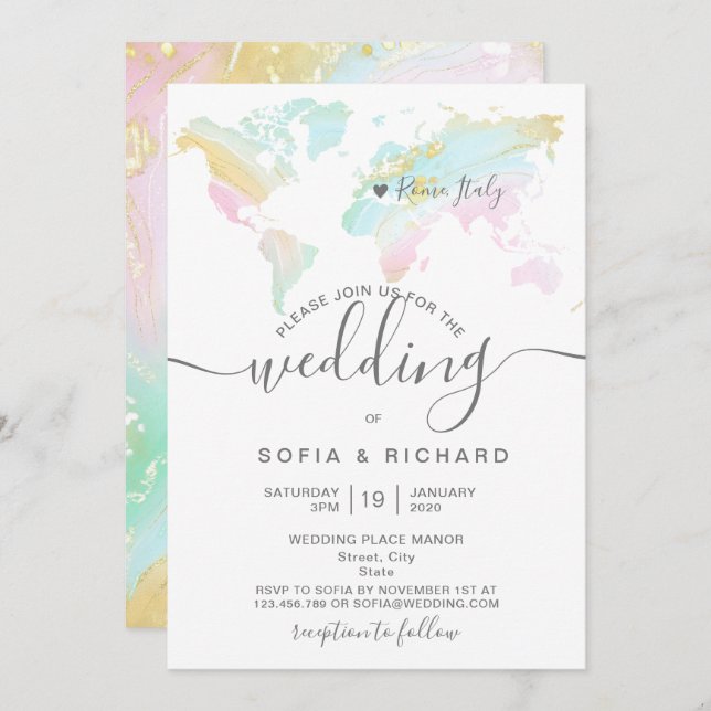 Destination Wedding World Map Pastel Invitation (Front/Back)