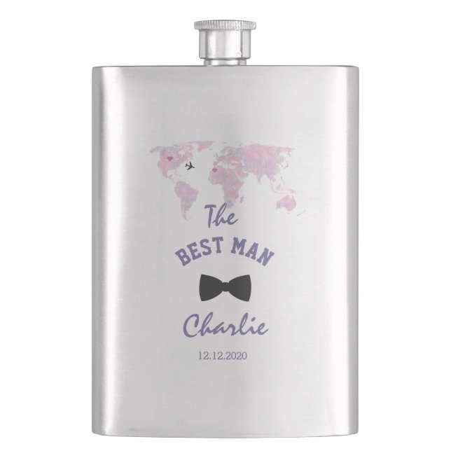 Destination Wedding World Map The BEST MAN Hip Flask (Front)