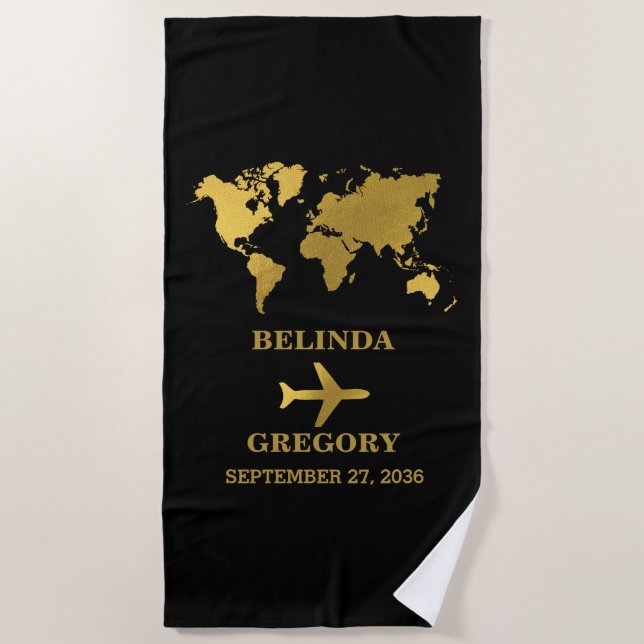 Destination Wedding World Passport Black Gold Beach Towel (Front)