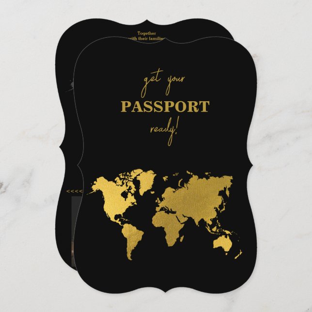 Destination Wedding World Passport Black Gold Invitation (Front/Back)