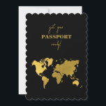 Destination Wedding World Passport Black Gold Invitation<br><div class="desc">A black and gold destination wedding passport design with gold world map, airplane and travel elements. This design is ideal for all Spring, Summer, Fall and Winter destination weddings. An elegant black and gold wedding travel design with passport layout, world map and custom couple photo. A modern destination wedding invitation...</div>