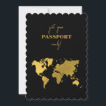 Destination Wedding World Passport Black Gold Invitation<br><div class="desc">A black and gold destination wedding passport design with gold world map, airplane and travel elements. This design is ideal for all Spring, Summer, Fall and Winter destination weddings. An elegant black and gold wedding travel design with passport layout, world map and custom couple photo. A modern destination wedding invitation...</div>