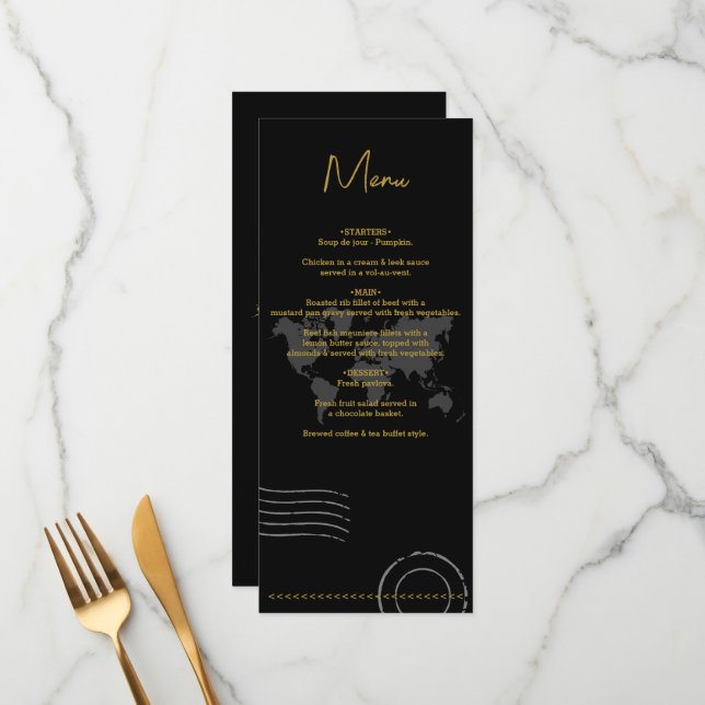 Destination Wedding World Passport Black Gold Menu (Front/Back In Situ)