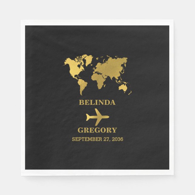 Destination Wedding World Passport Black Gold Napkin (Front)