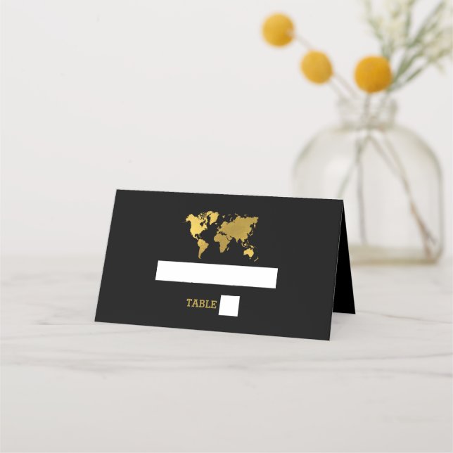 Destination Wedding World Passport Black Gold Place Card (Front)