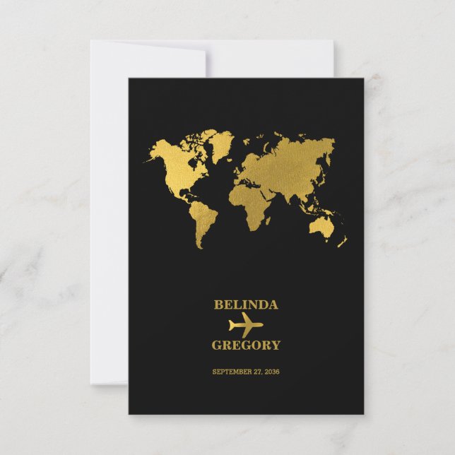 Destination Wedding World Passport Black Gold RSVP Card (Front)