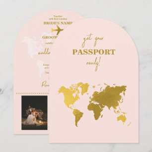 Destination Wedding World Passport Blush Pink Gold Invitation