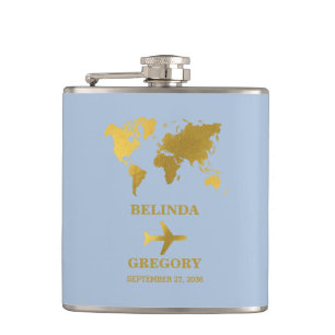 Destination Wedding World Passport Dusty Blue Gold Hip Flask