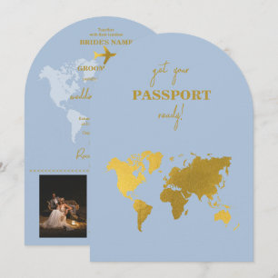 Destination Wedding World Passport Dusty Blue Gold Invitation