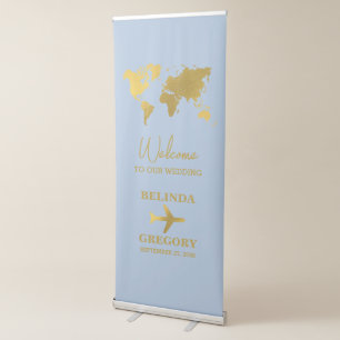 Destination Wedding World Passport Dusty Blue Gold Retractable Banner
