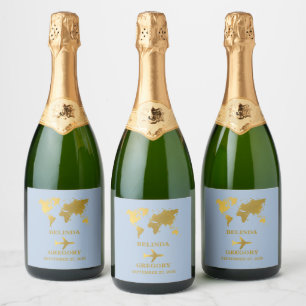 Destination Wedding World Passport Dusty Blue Gold Sparkling Wine Label