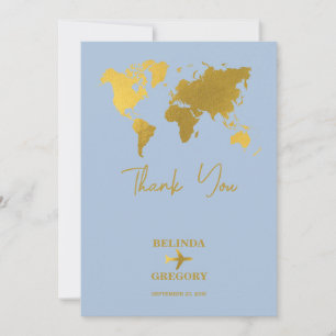 Destination Wedding World Passport Dusty Blue Gold Thank You Card