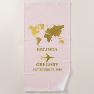 Destination Wedding World Passport Pink Gold Beach Towel