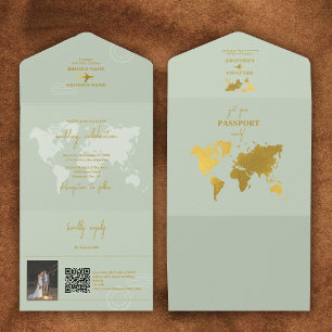 Destination Wedding World Passport Sage Green Gold All In One Invitation