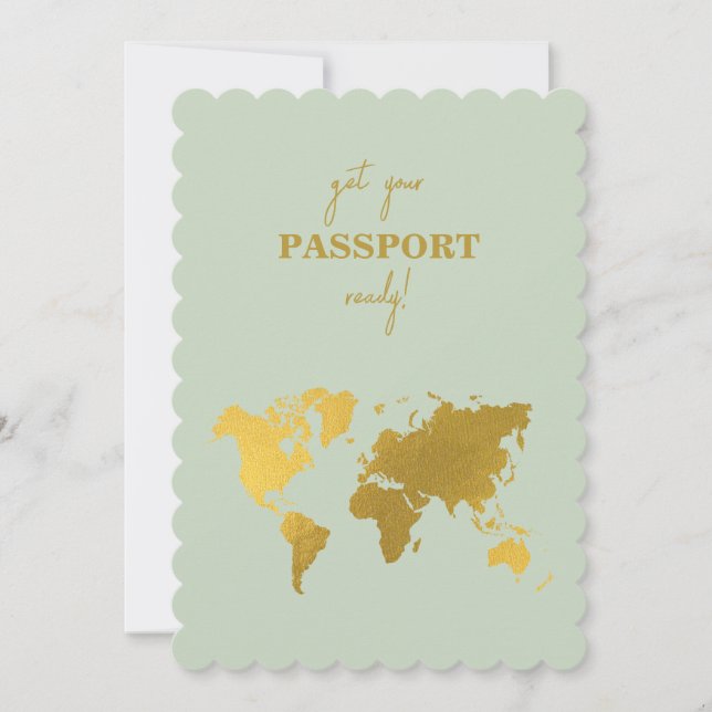 Destination Wedding World Passport Sage Green Gold Invitation (Front)