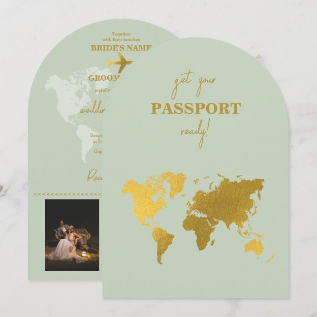 Destination Wedding World Passport Sage Green Gold Invitation (Front/Back)
