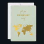 Destination Wedding World Passport Sage Green Gold Invitation<br><div class="desc">A sage green and gold destination wedding passport design with gold world map, aeroplane and travel elements. This design is ideal for all Spring, Summer, Fall and Winter destination weddings. An elegant sage green and gold wedding travel design with passport layout, world map and custom couple photo. A modern destination...</div>