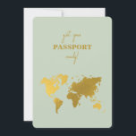Destination Wedding World Passport Sage Green Gold Invitation<br><div class="desc">A sage green and gold destination wedding passport design with gold world map, aeroplane and travel elements. This design is ideal for all Spring, Summer, Fall and Winter destination weddings. An elegant sage green and gold wedding travel design with passport layout, world map and custom couple photo. A modern destination...</div>