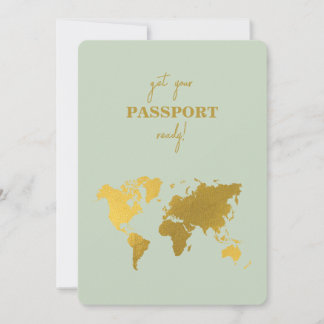 Destination Wedding World Passport Sage Green Gold Invitation