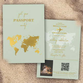 Destination Wedding World Passport Sage Green Gold Invitation