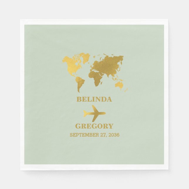 Destination Wedding World Passport Sage Green Gold Napkin (Front)