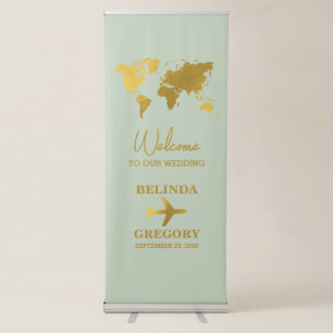 Destination Wedding World Passport Sage Green Gold Retractable Banner
