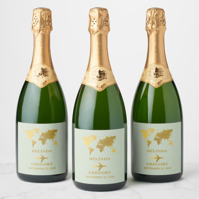 Destination Wedding World Passport Sage Green Gold Sparkling Wine Label (Bottles)