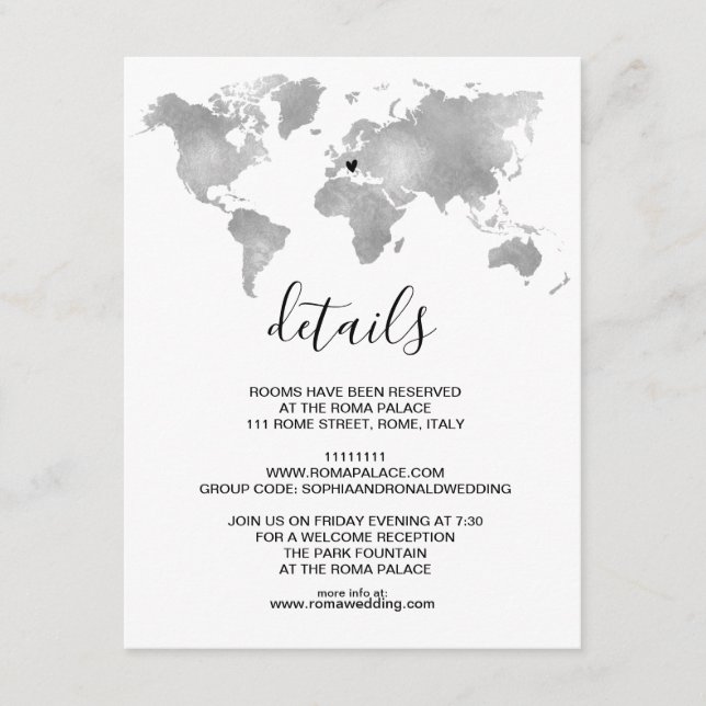 Destination World Map silver Removable Heart Enclosure Card (Front)