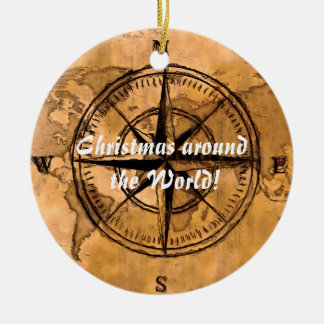 Destinations - Compass Rose and World Map Ceramic Tree Decoration