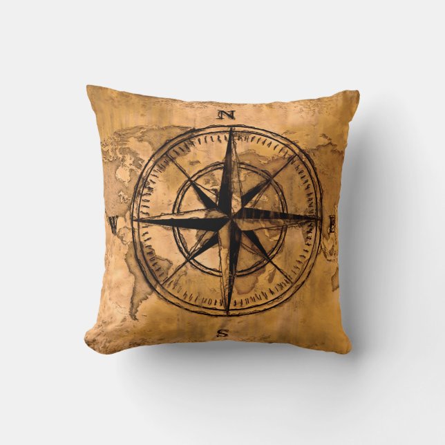Destinations - Compass Rose and World Map Cushion (Front)