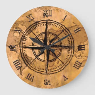 Destinations - Compass Rose and World Map Large Clock