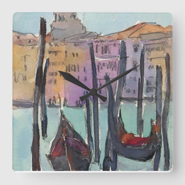 Destinations | Two Gondolas in Venice Sketch Square Wall Clock (Front)