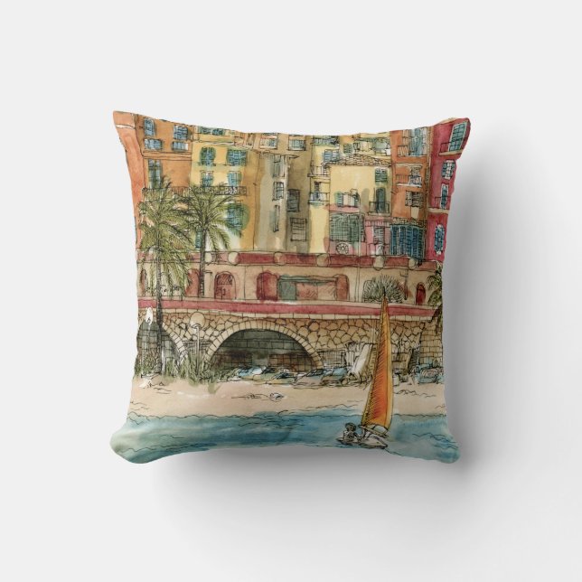 Destinations | Watercolor Beach & Buildings Cushion (Front)