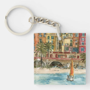 Destinations Watercolor Beach & Buildings Key Ring