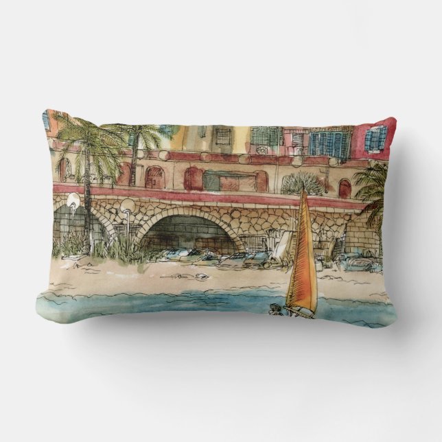 Destinations | Watercolor Beach & Buildings Lumbar Cushion (Front)