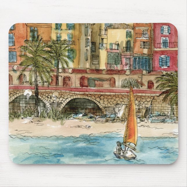 Destinations | Watercolor Beach & Buildings Mouse Mat (Front)