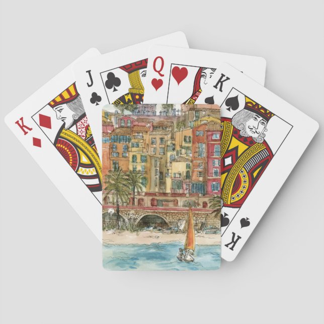 Destinations | Watercolor Beach & Buildings Playing Cards (Back)