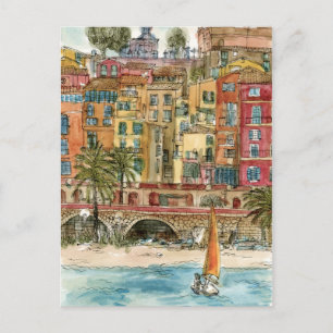 Destinations   Watercolor Beach & Buildings Postcard