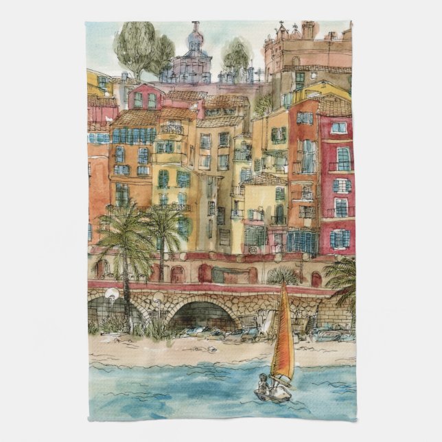 Destinations | Watercolor Beach & Buildings Tea Towel (Vertical)