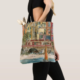 Destinations   Watercolor Beach & Buildings Tote Bag