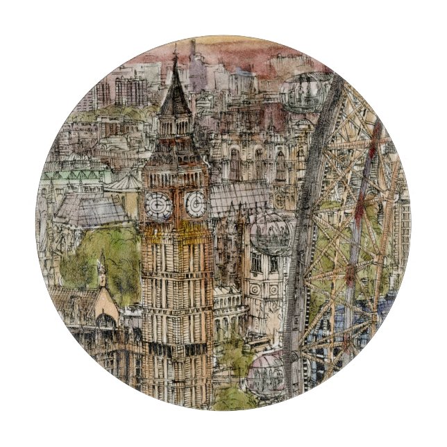 Destinations | Watercolor Big Ben & London Eye Cutting Board (Front)