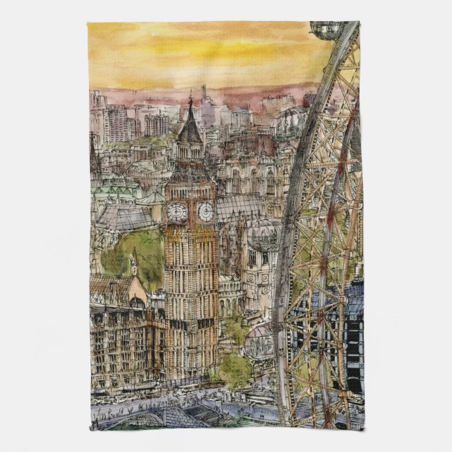 Destinations | Watercolor Big Ben & London Eye Tea Towel (Vertical)
