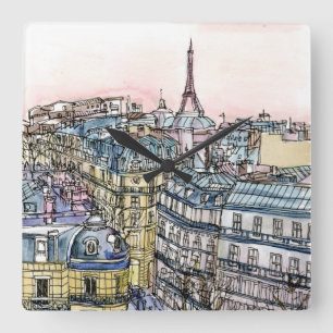Destinations   Watercolor Eiffel Tower & Paris Square Wall Clock