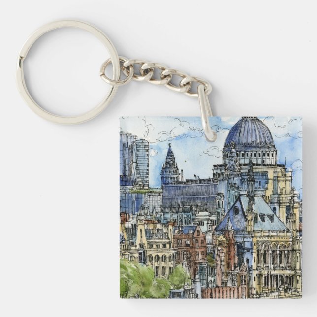 Destinations | Watercolor River Thames Waterfront Key Ring (Front)