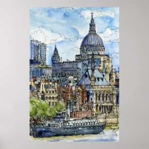 Destinations   Watercolor River Thames Waterfront Poster