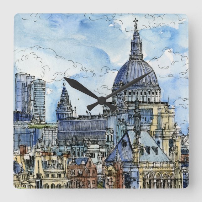 Destinations | Watercolor River Thames Waterfront Square Wall Clock (Front)