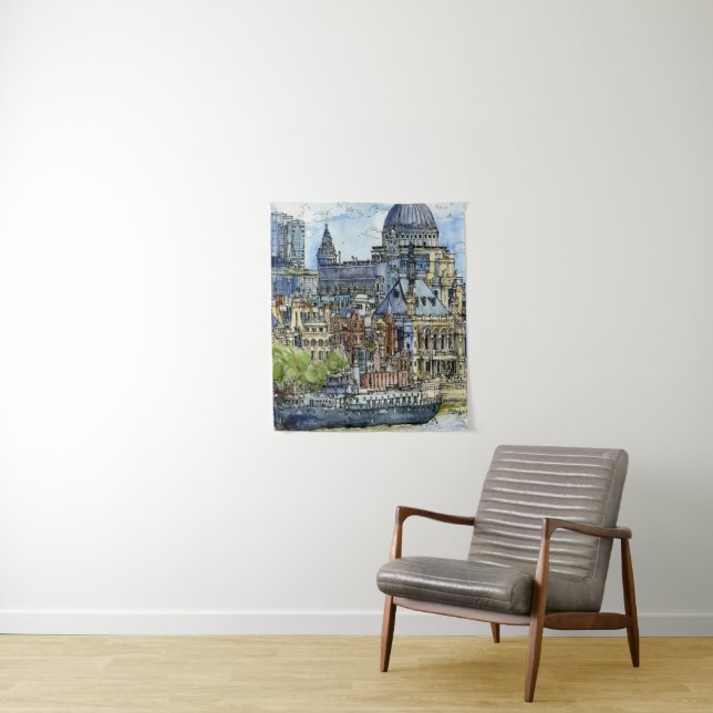 Destinations | Watercolor River Thames Waterfront Tapestry (In Situ)