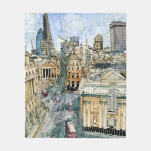 Destinations Watercolor Vintage London Street Fleece Blanket