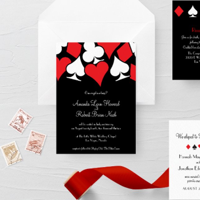Destiny Las Vegas Wedding Invitation (red white and black card suits themed Las Vegas wedding suite invitation)